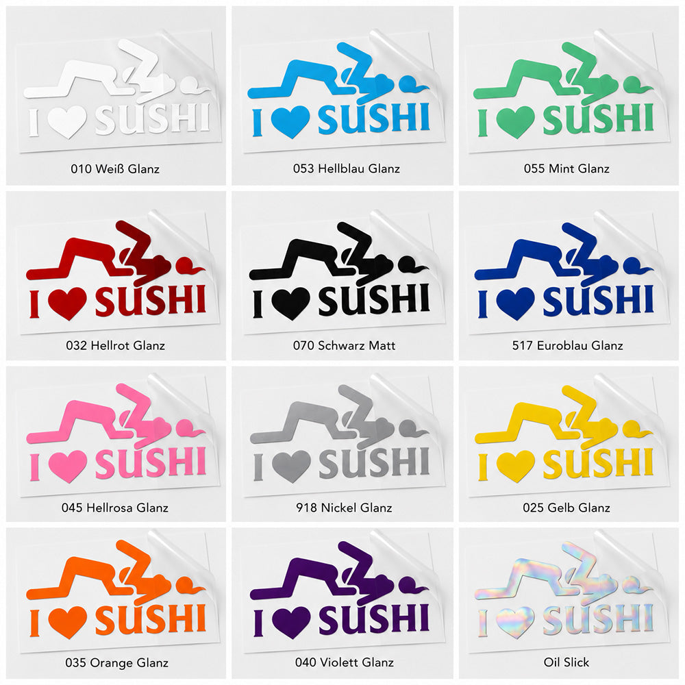 I Love Sushi Aufkleber – Lustiger Sticker | Wetterfester Tuning Sticker aus Vinyl